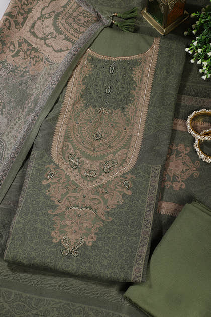 Green Floral Jaal Printed Spun Unstitched Suit Material