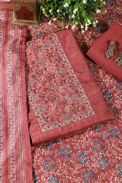 Maroon Chanderi Silk Mirror & Resham worked Unstitched Suit