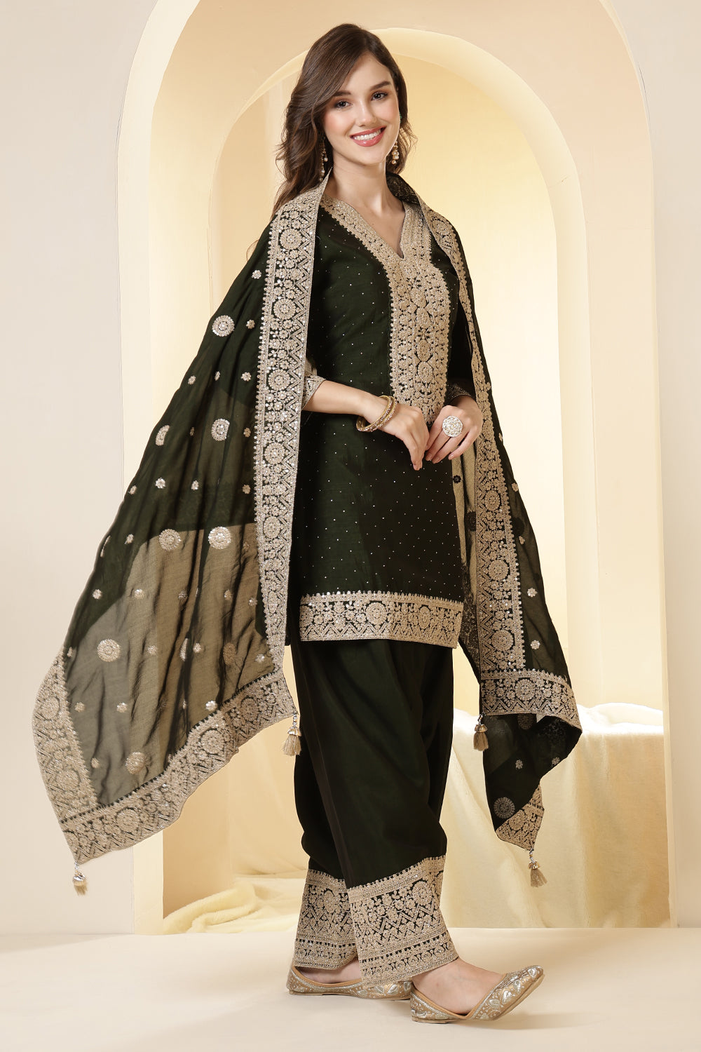 Green Silk Zari Embroidered Suit With Parsi Salwar