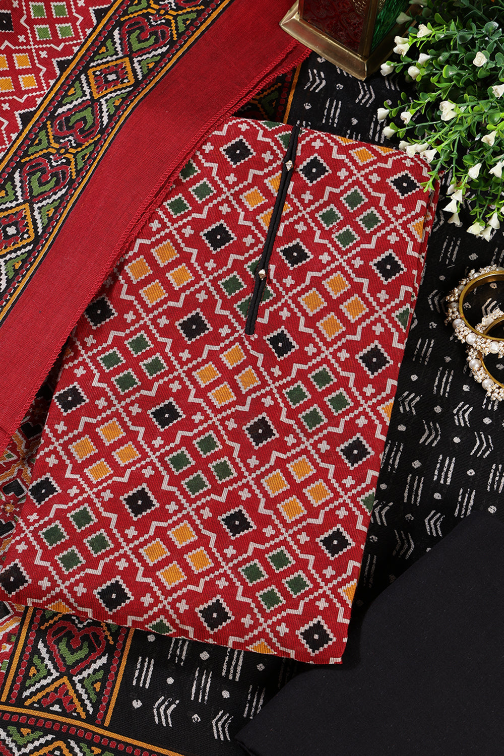 Maroon Printed Ikkat Cotton Unstitched Suit Material