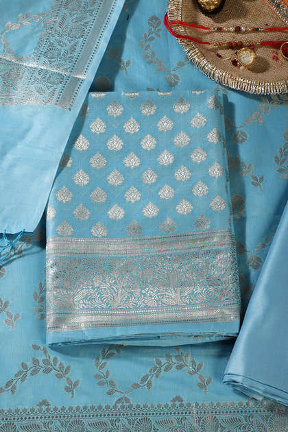 Light Blue Silk Zari Woven Unstitched Suit Fabric