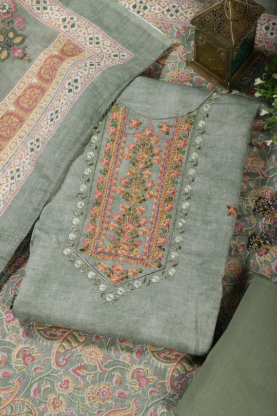 Green Cotton Resham Embroidered Unstitched Suit