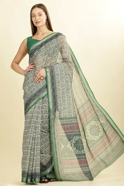 Green Ajrakh Block Printed Cotton Saree