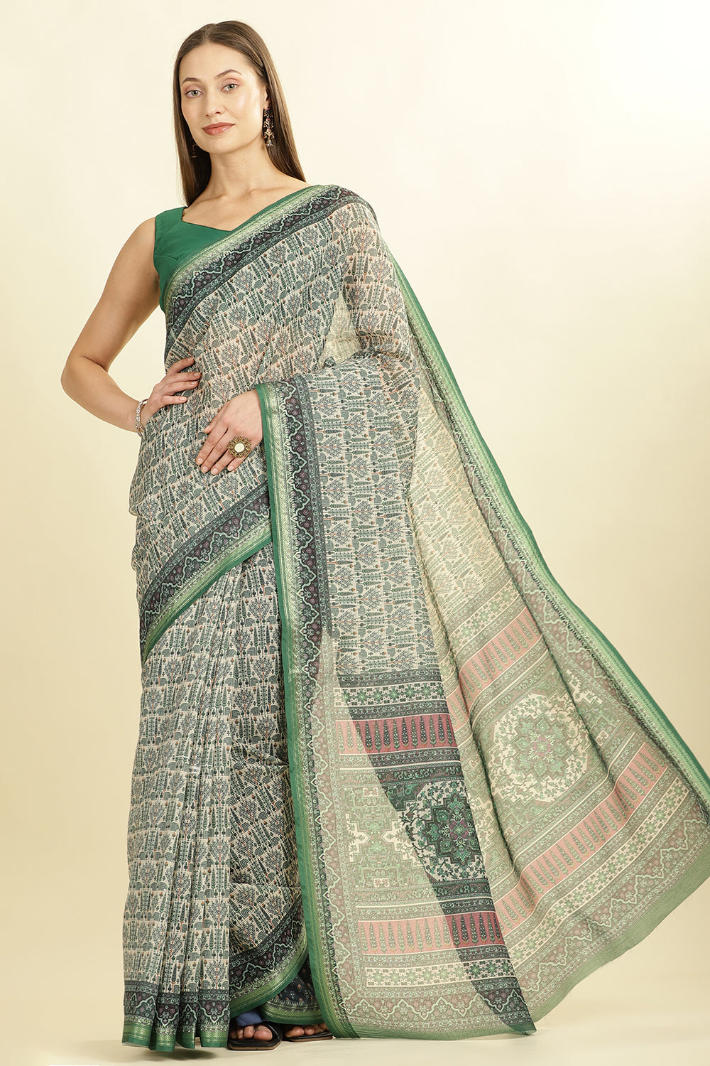 Green Ajrakh Block Printed Cotton Saree