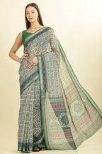 Green Ajrakh Block Printed Cotton Saree