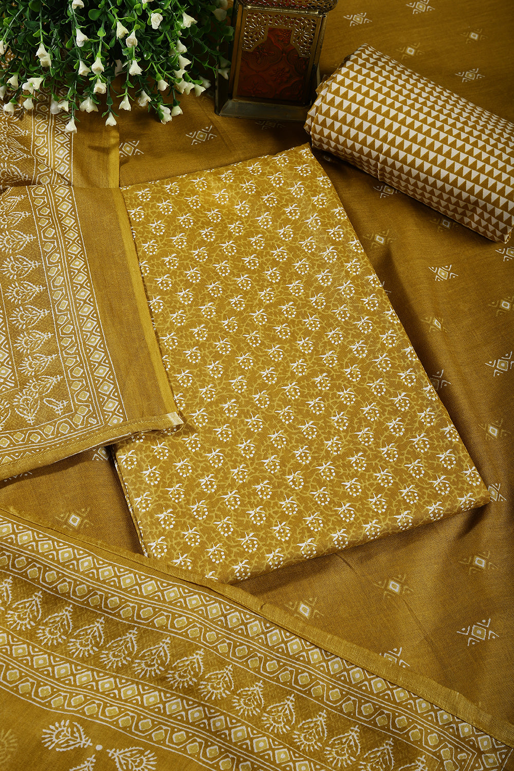 Mustard Color Cotton Printed Unstitched Suit