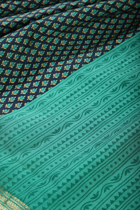 Navy Color Cotton Printed Saree With Zari Border