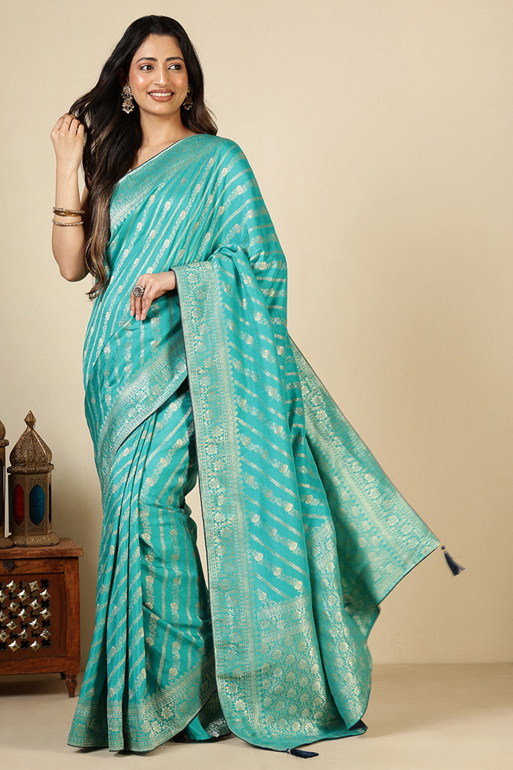 Firozi Color Banarasi Woven Tussar Silk Saree