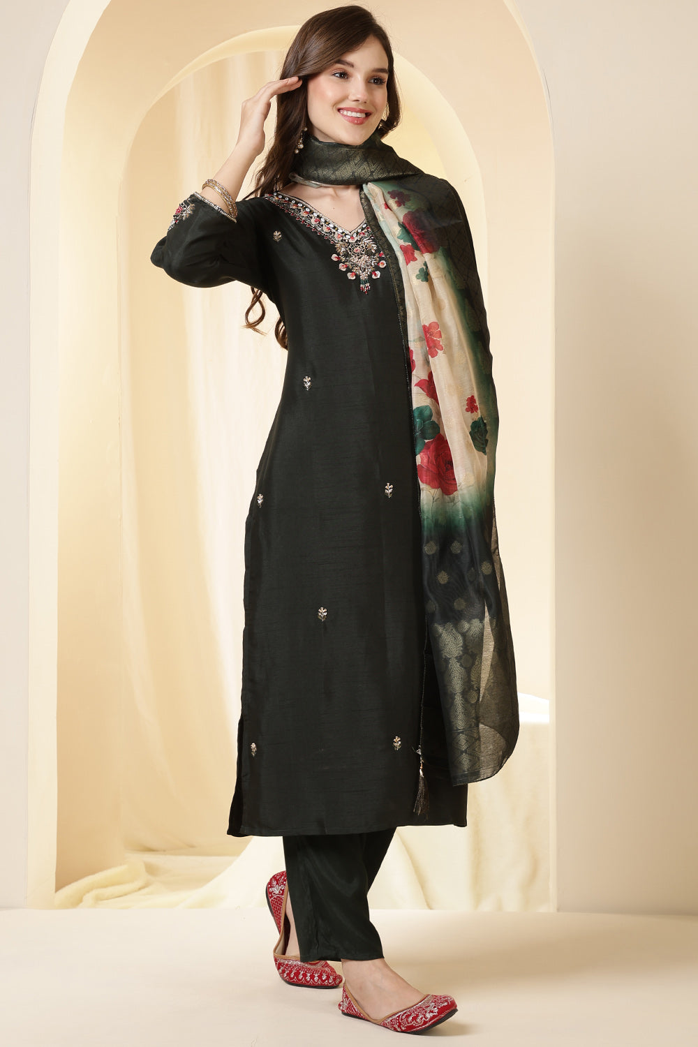 Green Color Silk Suit Set With Neck Embroidered & Floral Printed Dupatta
