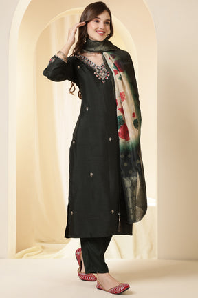 Green Color Silk Suit Set With Neck Embroidered & Floral Printed Dupatta