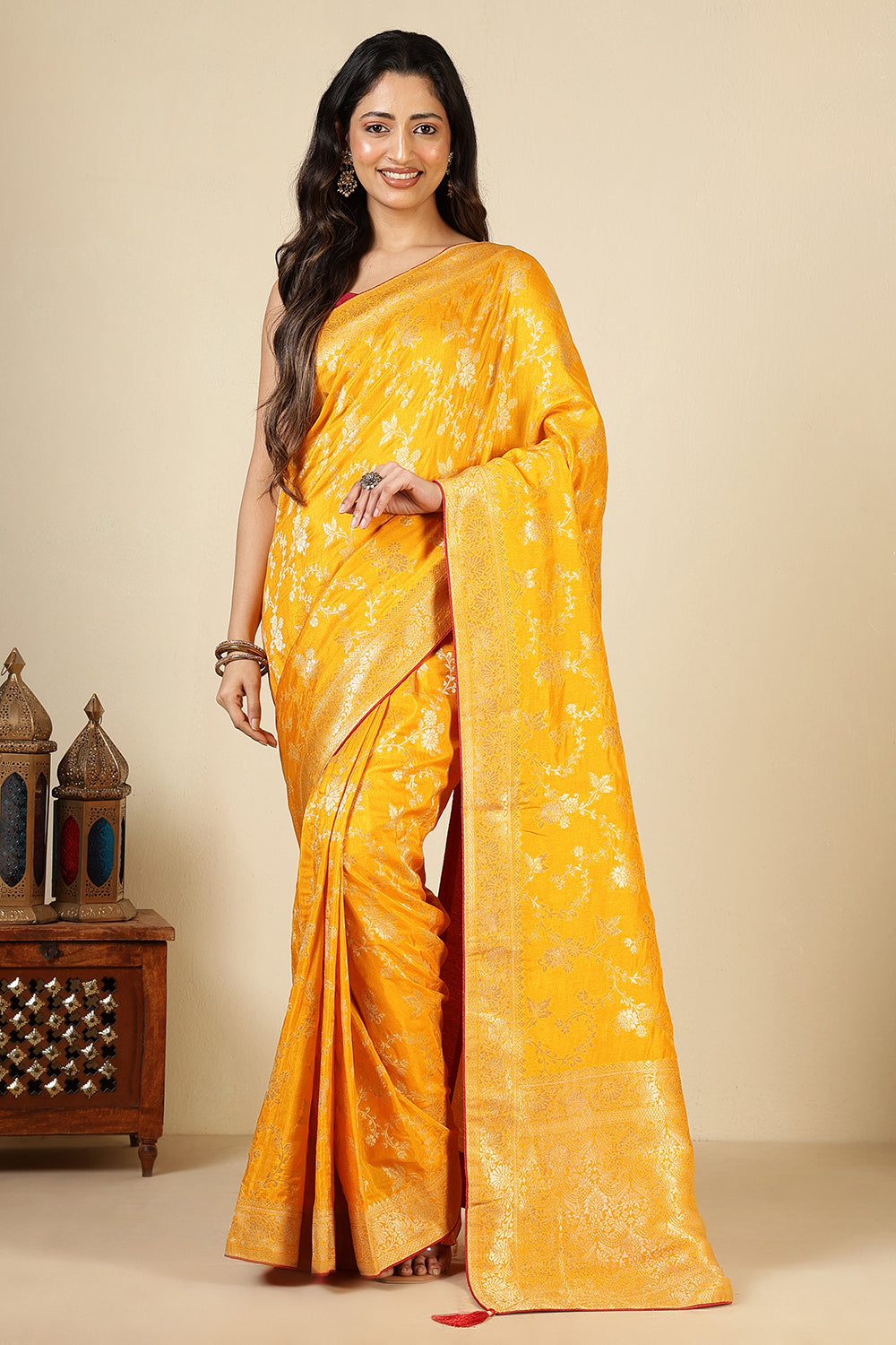 Mustard Banarasi Silk Zari Floral Zaal Woven Saree