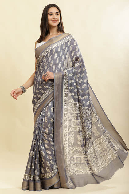 Grey Color Cotton Silk Boota Printed And Zari Woven Saree