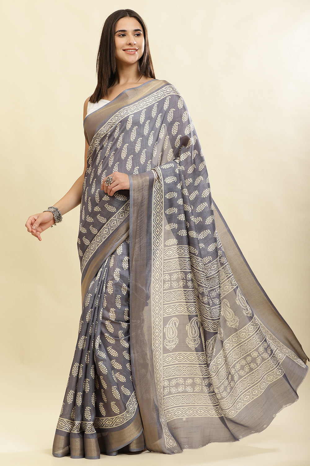 Grey Color Cotton Silk Boota Printed And Zari Woven Saree