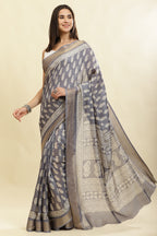 Grey Color Cotton Silk Boota Printed And Zari Woven Saree