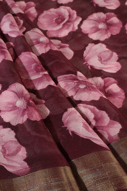 Wine Chiffon Floral Printed Saree