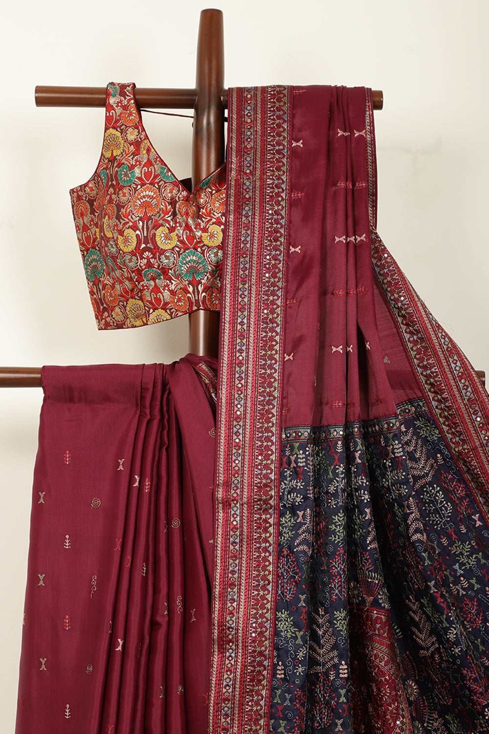 Navy & Wine Silk Resham Embroidered Designer Sarees