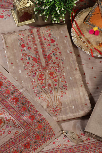 Beige Zari Woven And Printed Silk Unstitched Suit Material
