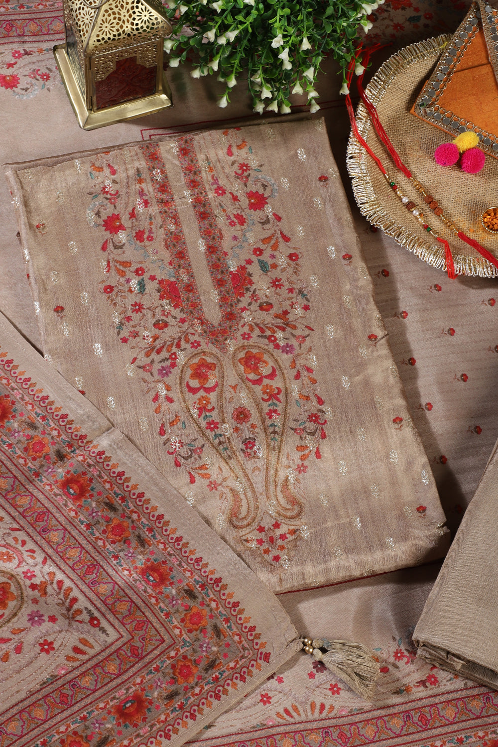 Beige Zari Woven And Printed Silk Unstitched Suit Material