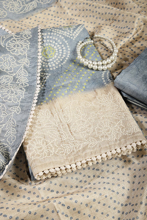 Grey Color Tussar Silk Bandhani Printed Unstitched Suit Material