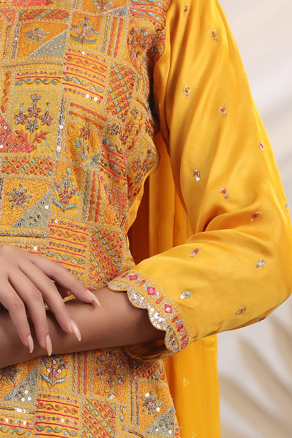 Mustard Color Embroidered Georgette Unstitched Suit Fabric