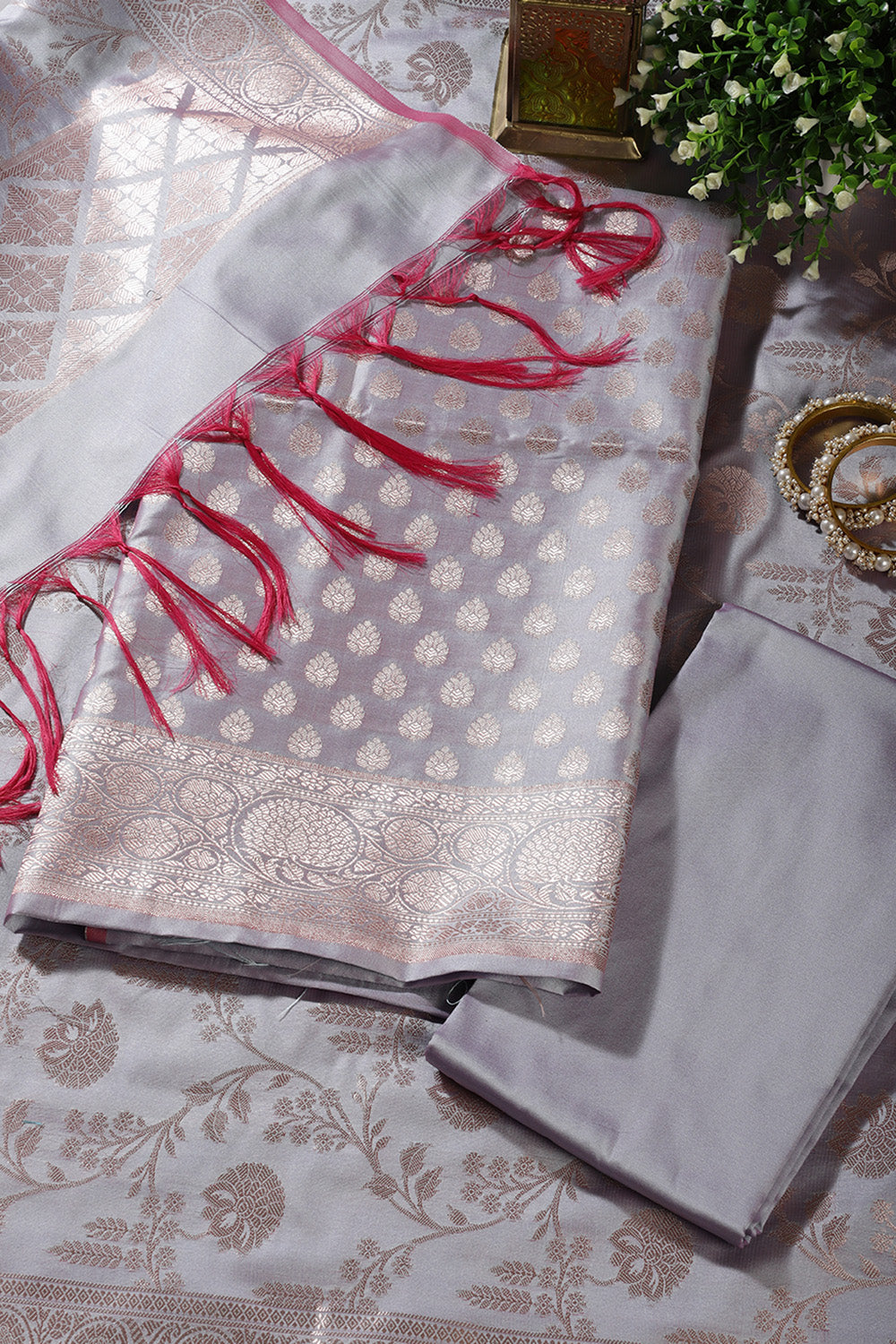 Grey Silk Buta Motifs Woven Unstitched Suit Fabric