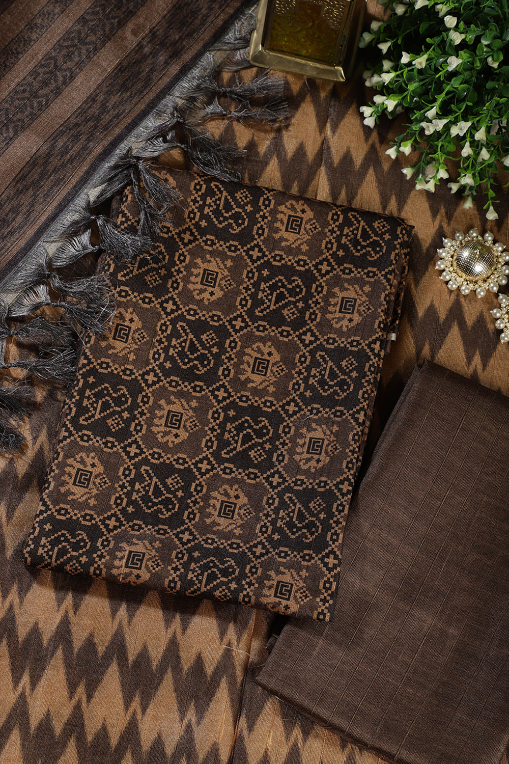 Mustard & Black Chanderi Cotton Digital Printed Unstiched Suit Material