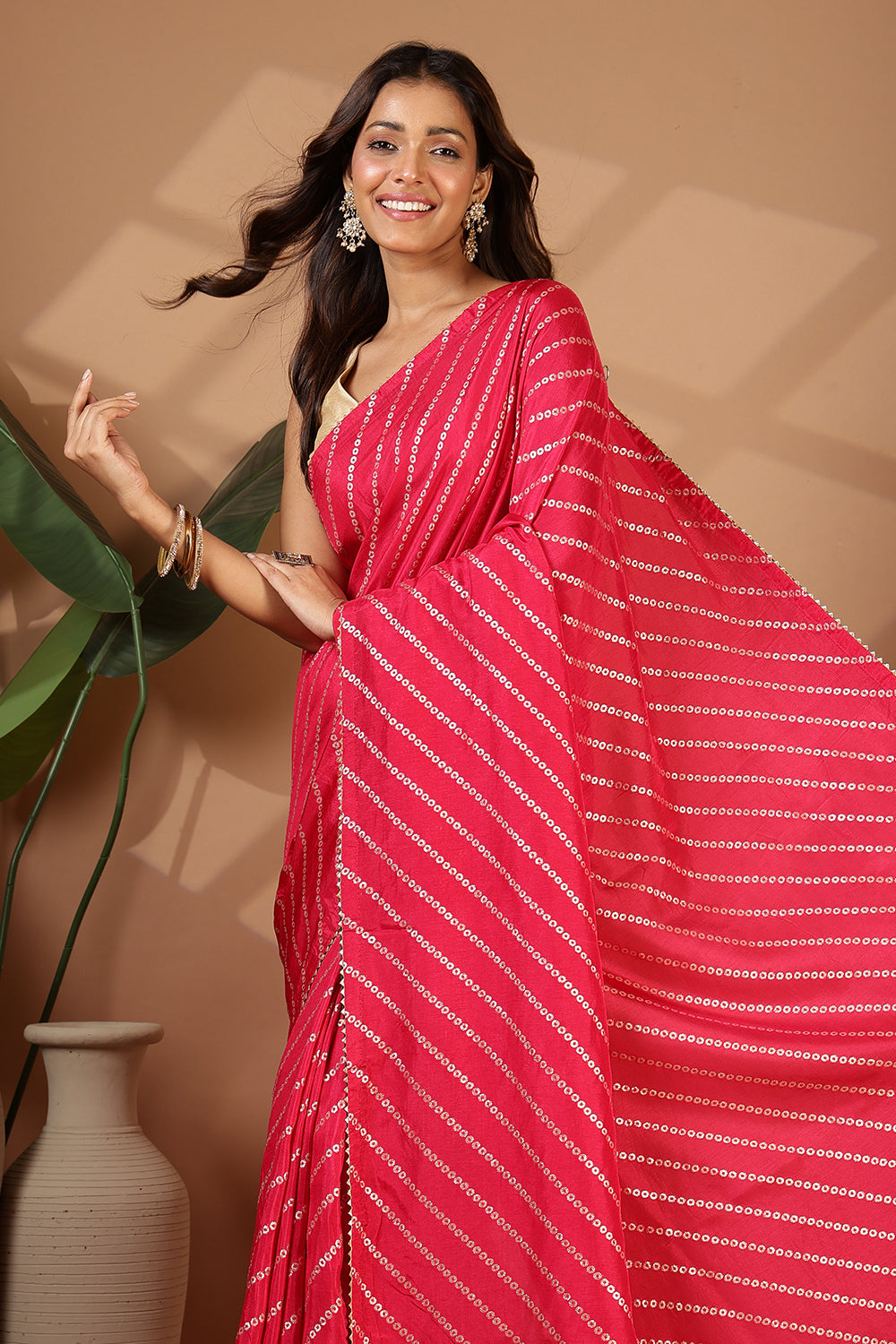 Rani Modal Silk Saree with Zari Pinstripes