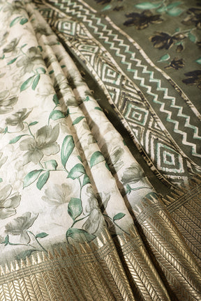 Green & Cream Colour Floral Printed Cotton Silk Saree