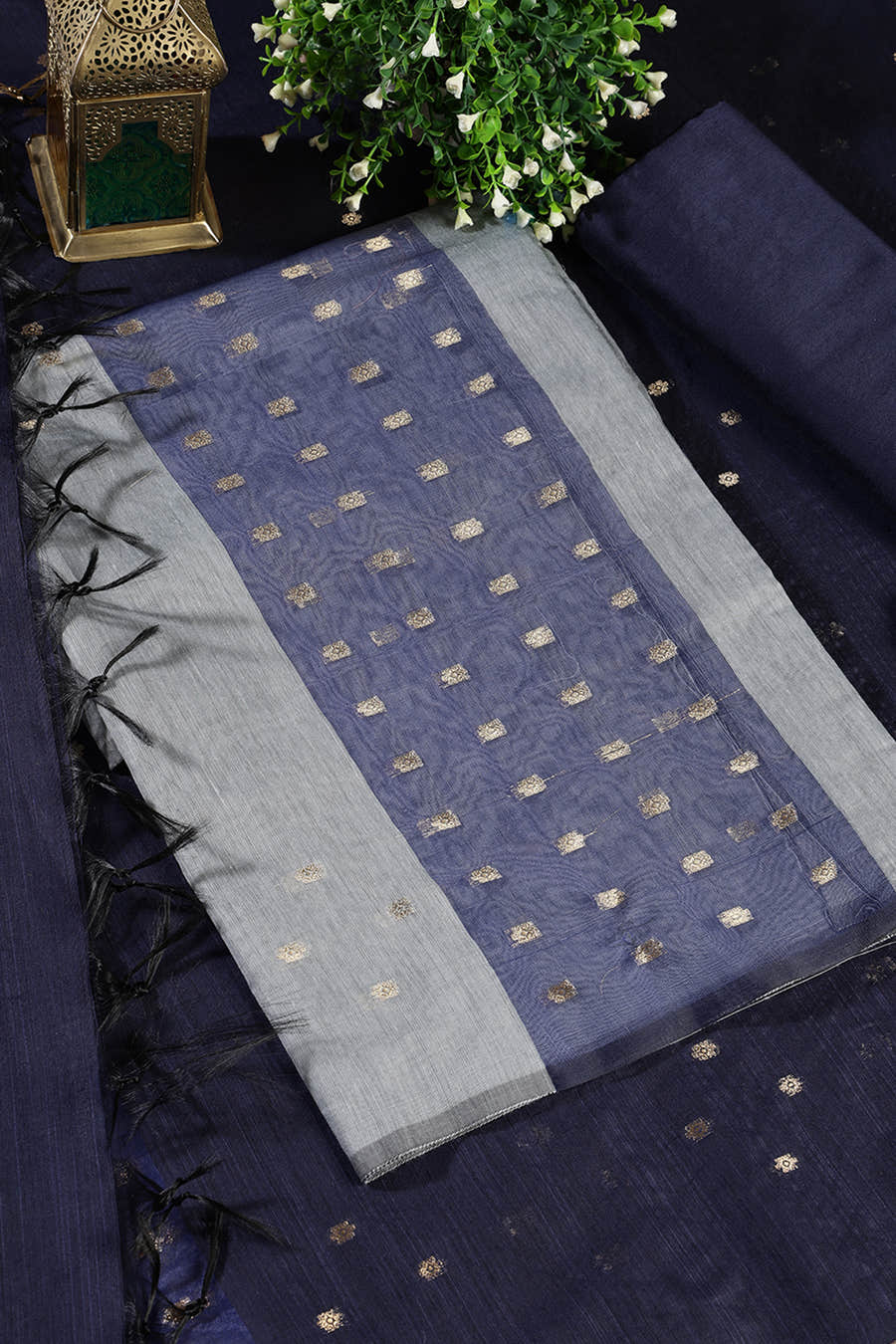 Grey Chanderi Cotton Zari Woven Unstitched Suit Fabric
