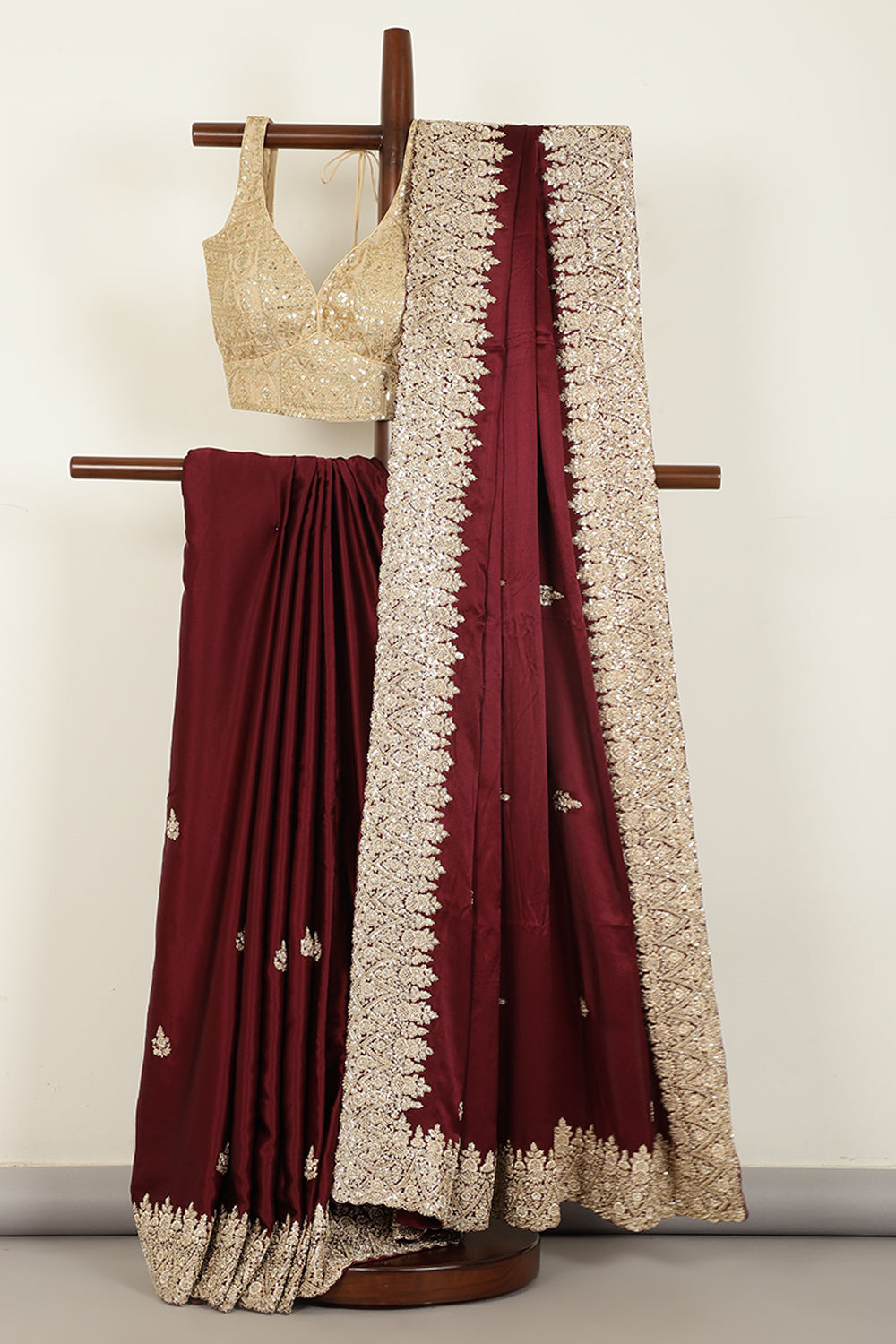 Burgundy Color Pure Satin Crepe Saree with Zardozi Handwork