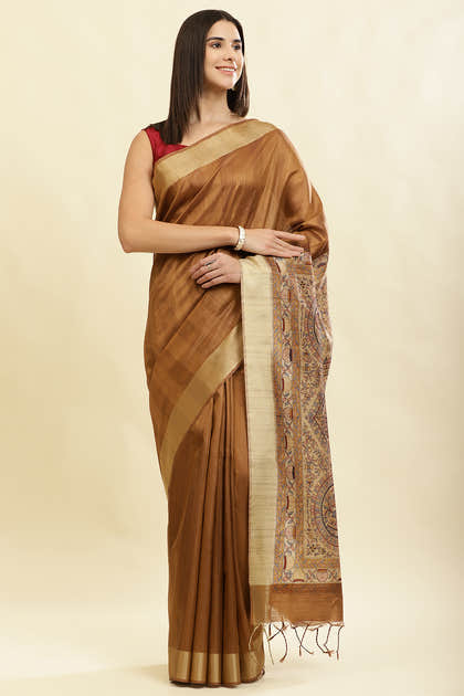 Brown Color Cotton Silk Madhubani Print Saree