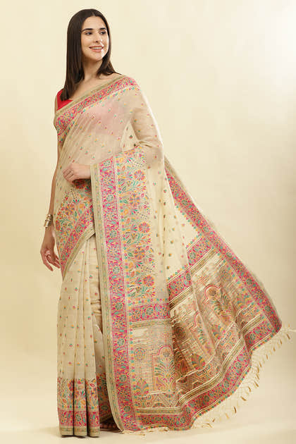 Beige Chanderi Cotton kashida Weaves Saree