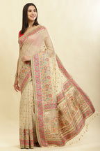 Beige Chanderi Cotton kashida Weaves Saree