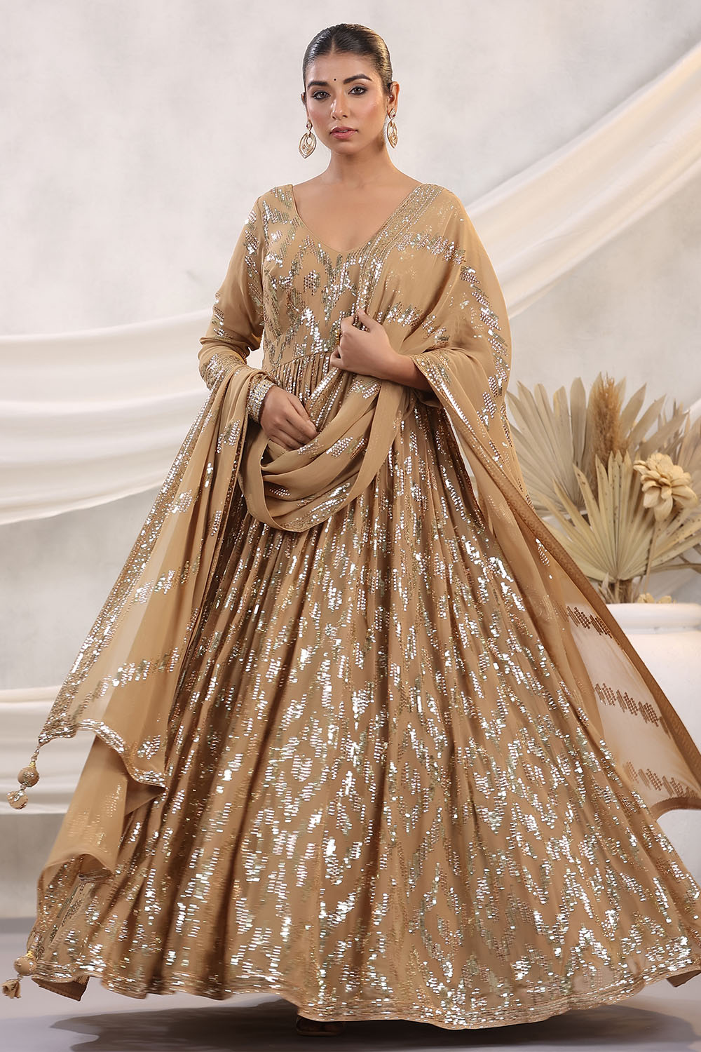 Buy Designer Golden Foil Printed Party Wear Georgette Long Gown