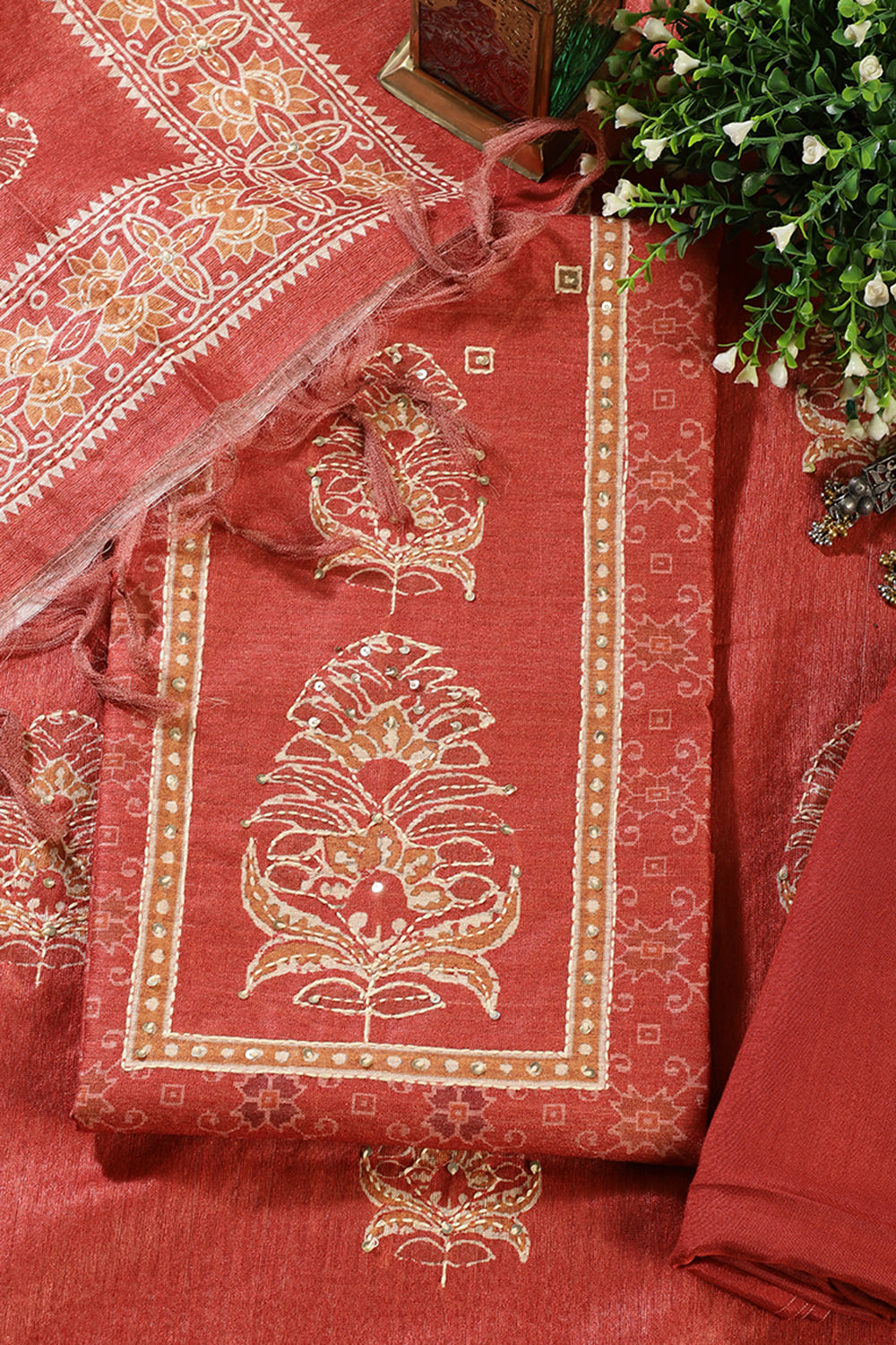 Rust Tussar Silk Printed Unstitched Suit Material