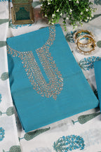 Blue Cotton Gota Patti and Zari Work Unstitched Suit Material