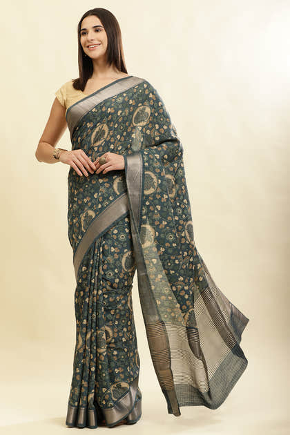 Blue Floral Printed & Zari Border Cotton Silk Saree