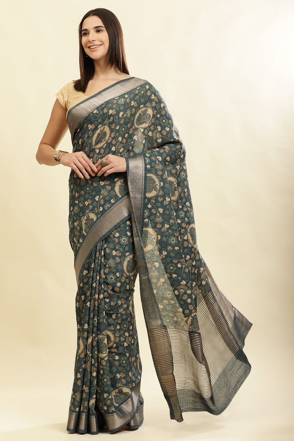 Blue Floral Printed & Zari Border Cotton Silk Saree