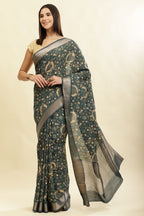 Blue Floral Printed & Zari Border Cotton Silk Saree