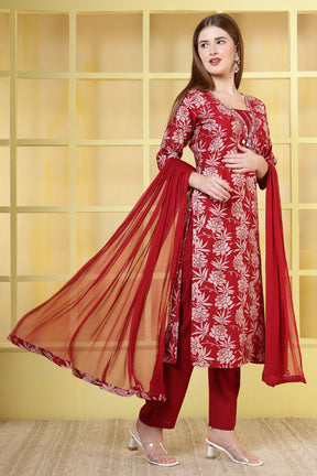 Maroon Floral Printed Cotton Suit Set