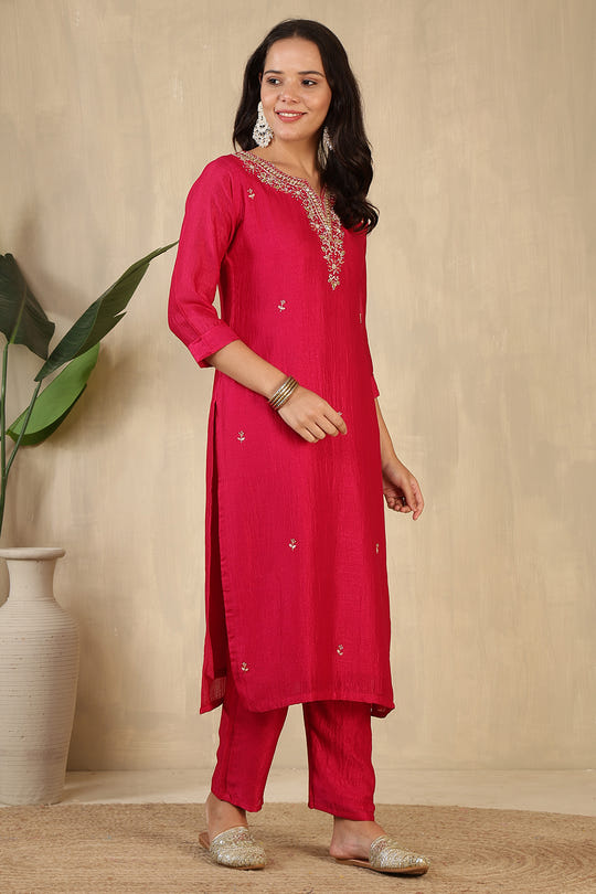 Cherry Red Crepe Silk Neck Embroidered Suit