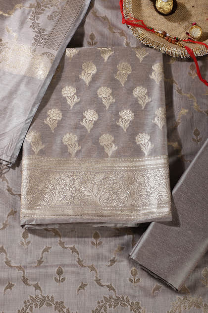 Fawn Color Silk Zari Woven Unstitched Suit Material