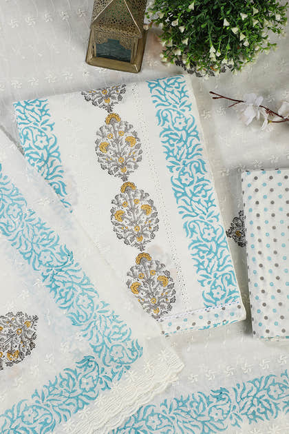 Cream & Blue Printed And Resham Embroidered Unstitched Suit Fabric
