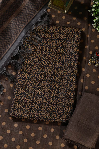 Mehandi & Black Chanderi Cotton Printed Unstiched Suit Material