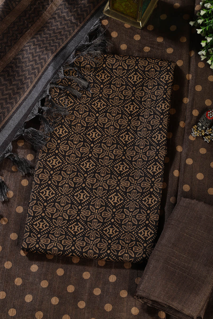Mehandi & Black Chanderi Cotton Printed Unstiched Suit Material