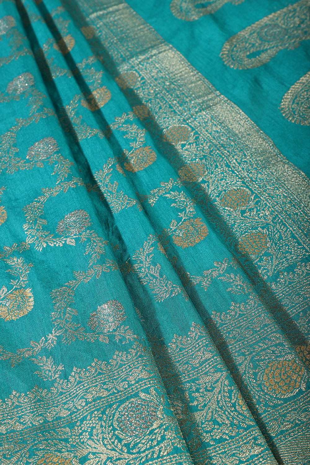 Teal Silk Floral Zaal Woven Banarasi Saree