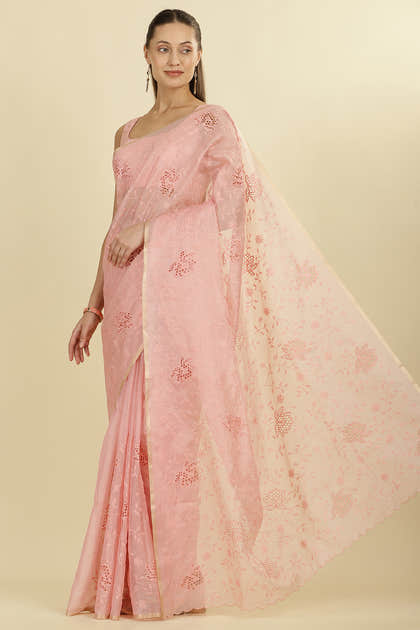 Pink Floral Resham Embroidered Cotton Saree