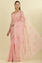 Pink Floral Resham Embroidered Cotton Saree