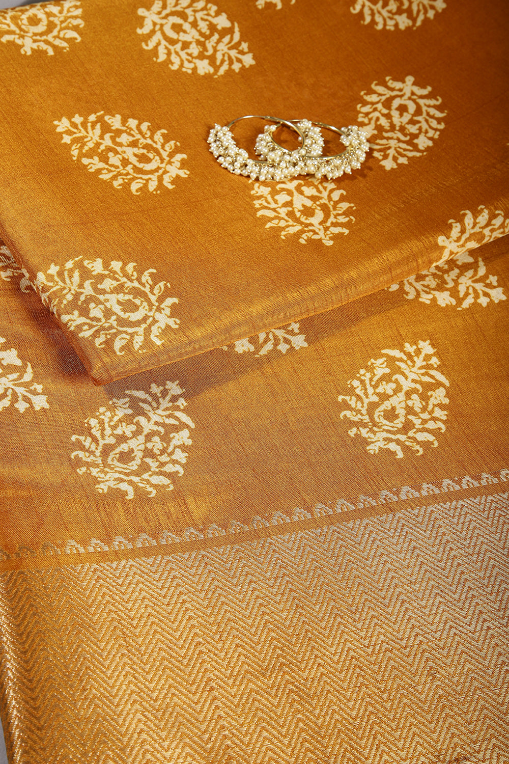 Mustard Color Block Printed Cotton Silk Saree