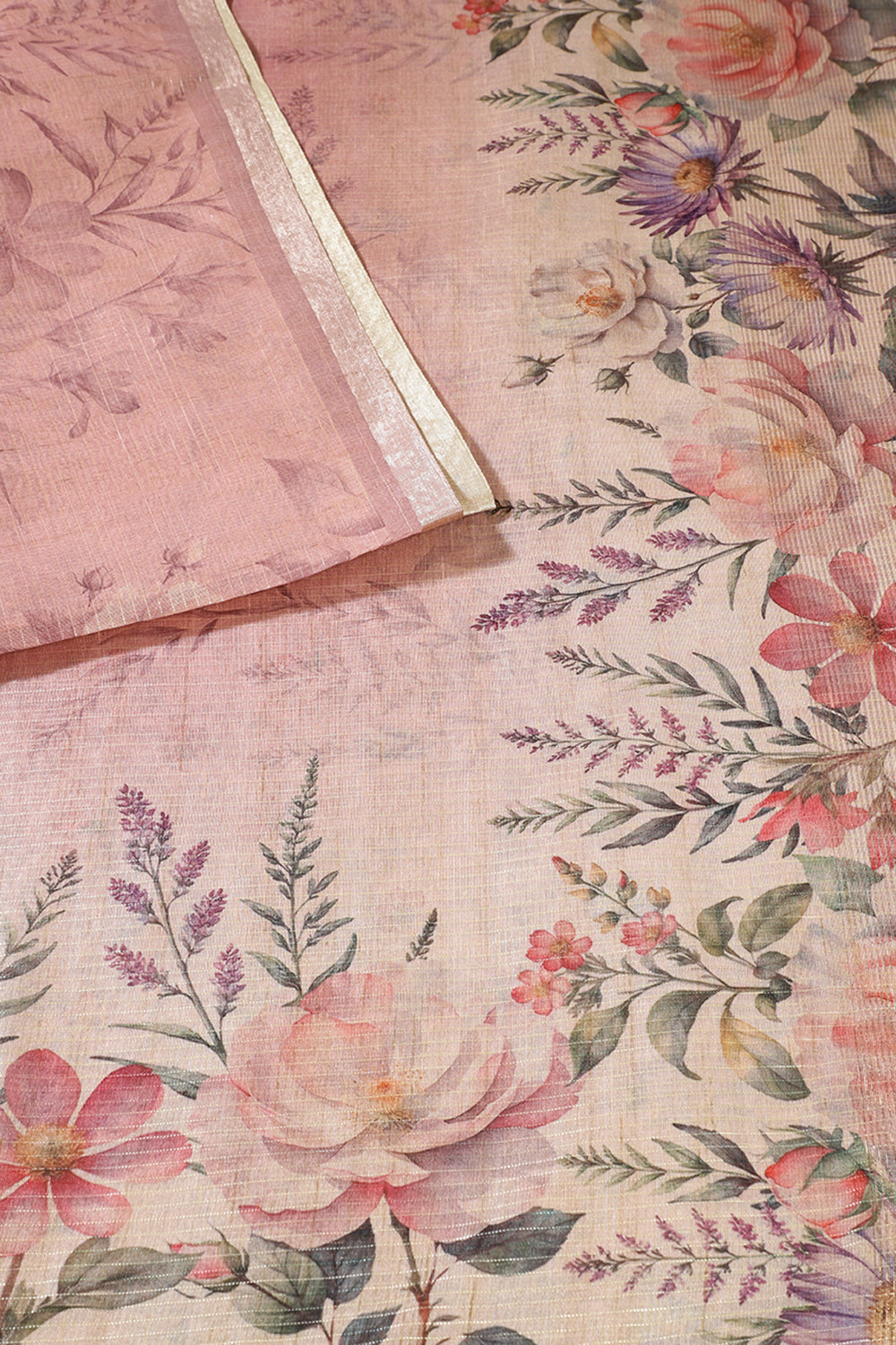 Beige & Pink Metallic Tissue Floral Printed Saree